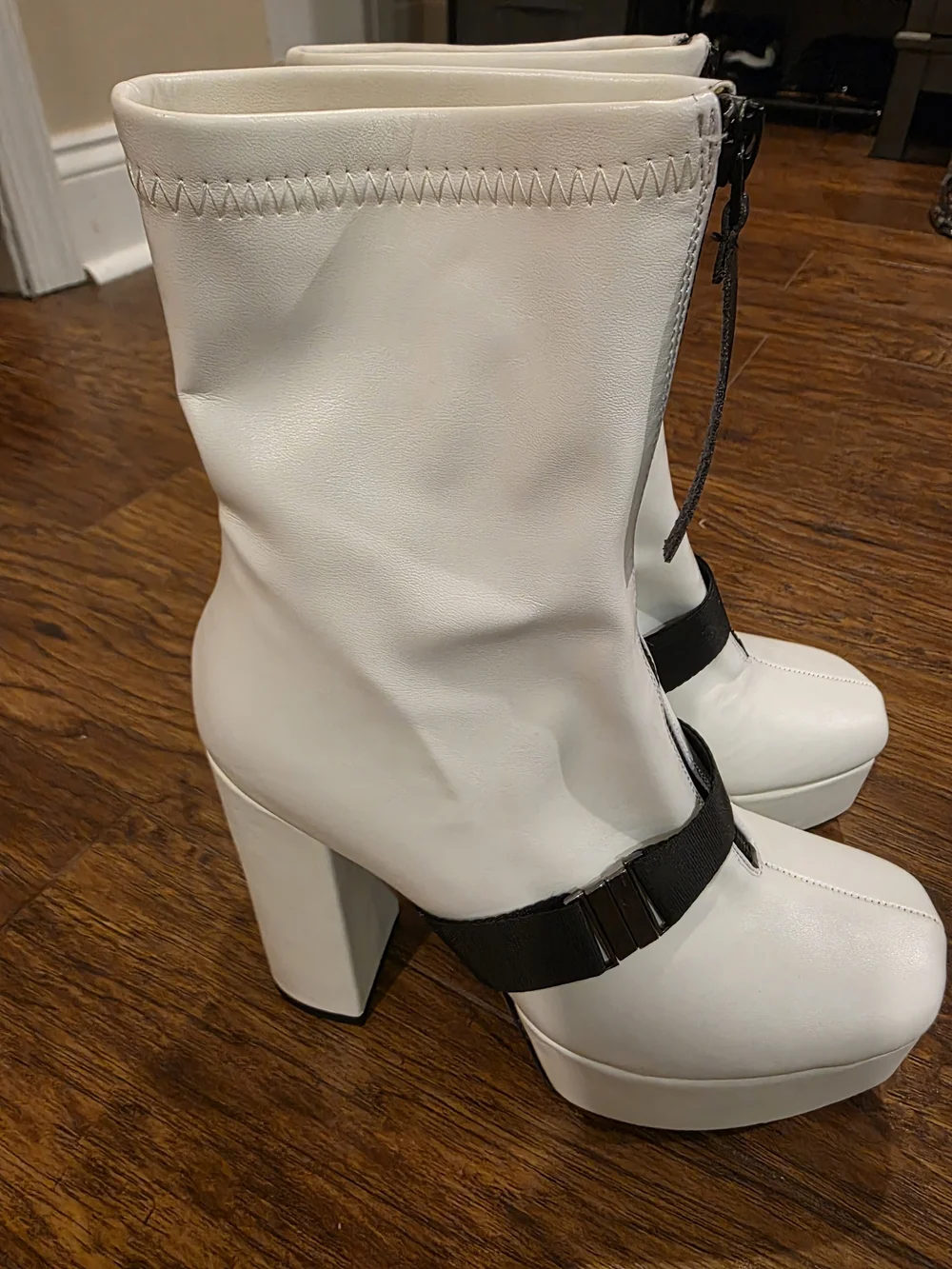 White Platform Ankle Boots with Black Front Zip and Strap